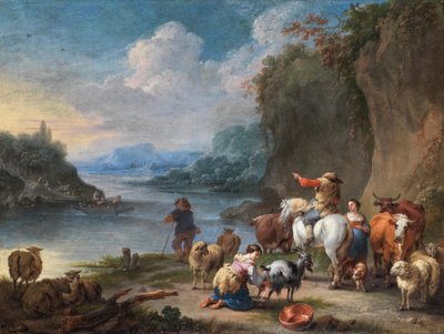 Çobanlar ve sürüleri nehir kenarında dinleniyor by Pieter Bout