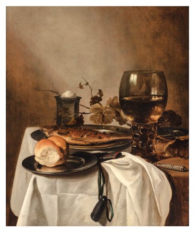 Drapeli Masada Rulo, Ringa, Gümüş Tuzluk, Büyük Roemer ve Bıçak, c.1644 (panelde yağ) by Pieter Claesz