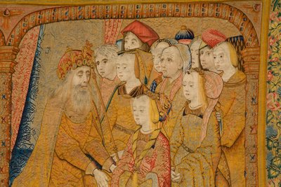 Flaman halısı. Duyuru. Detay, c.1502-04 (altın, gümüş, ipek ve yün) by Pieter Coecke van Aelst