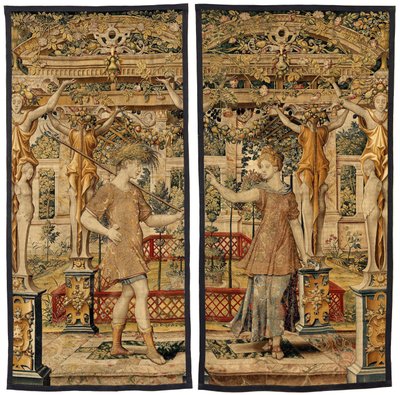 Vertumnus ve Pomona: Vertumnus bir çiftçiye dönüştü, yaklaşık 1550 (altın, yün ve ipek) by Pieter Coecke van Aelst