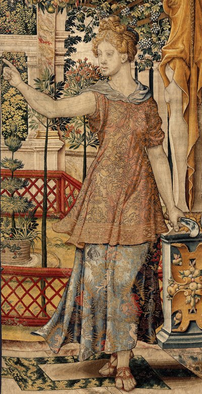 Vertumnus ve Pomona: Vertumnus bir çiftçiye dönüştü, yaklaşık 1550 (altın, yün ve ipek) by Pieter Coecke van Aelst