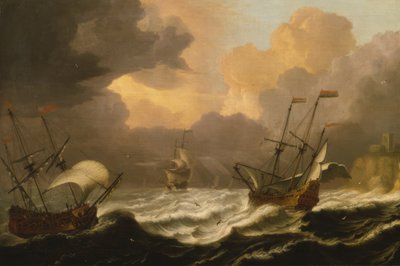 Üç gemi ile hareketli bir deniz by Pieter Coopse