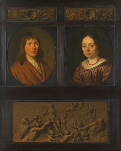 Kabuk motifli iki dekoratif friz minyatürü ve Amphitrite Zaferi ile çerçevelenmiş bir Erkek ve Kadın Portreleri by Pieter Cornelisz. van Slingelandt