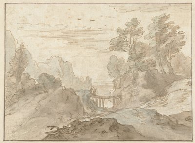 Dar bir köprüde iki figürlü dağ manzarası by Pieter Dircksz van Santvoort (possibly)
