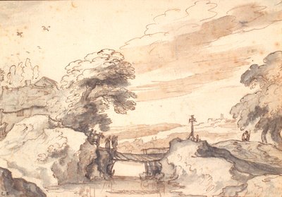 Bir dere üzerinde eski bir köprü ile manzara by Pieter Dircksz van Santvoort