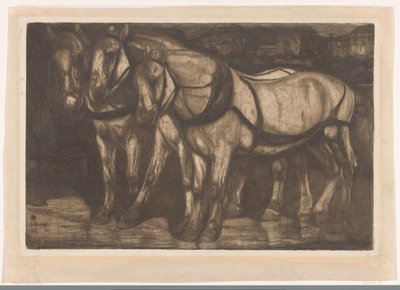 Paris L'Attelage'de bir meydanda üç omnibüs atı (nesnedeki orijinal seri başlığı) by Pieter Dupont (signed by artist)