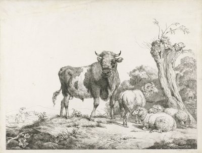 Bir boğa, bir koç ve bir söğüt söğütünün yanında yatan iki koyun by Pieter Gerardus van Os