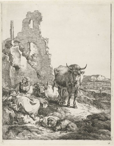 Bir harabenin önünde duran ve yatan inek ve çoban ile manzara by Pieter Gerardus van Os