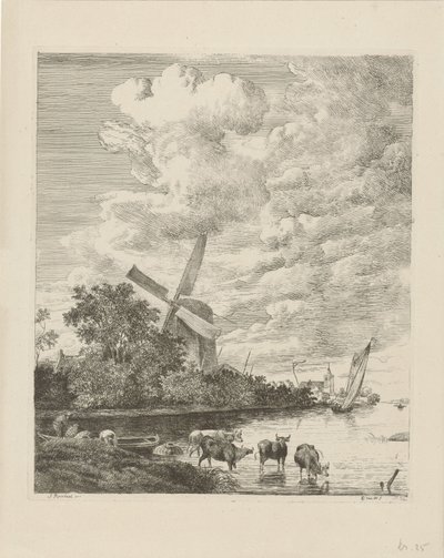 Değirmen ve suda inekler ile nehir manzarası by Pieter Gerardus van Os