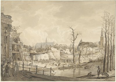 12 Ocak 1807'de Leiden'deki Barut felaketinden sonra Steenschuur'un kuzey tarafındaki kalıntılar by Pieter Gerardus van Os
