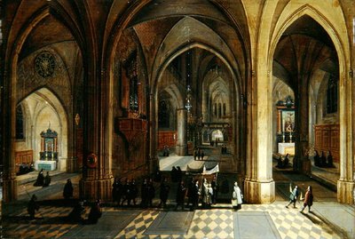Alayı olan bir Gotik Katedralin İçi (panelde yağlı boya) by Pieter II and Franken Frans II Neefs