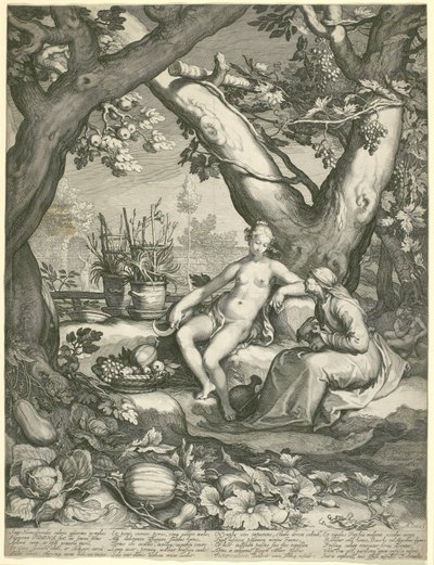 Vertumnus Pomonas Aşkını Kazanmak İçin Yaşlı Bir Kadın Figürünü Ödünç Alma, 1605 (kağıt üzerine gravür) by Pieter Janszoon Saenredam