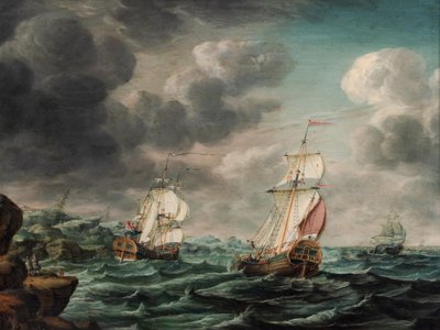 Bir Hollandalı Man-o' Savaşı ve Kayalık Bir Burundan Ticaret Gemileri by Pieter Jochums Lofvers