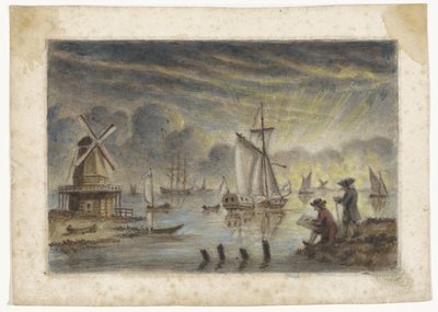 Gemiler, değirmen ve teknik ressam ile kıyı görünümü by Pieter Louw (attributed to)