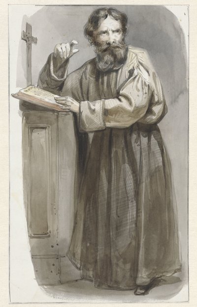 Haç ve İncil ile kürsüde ayakta din adamı by Pieter Marinus van de Laar (attributed to)