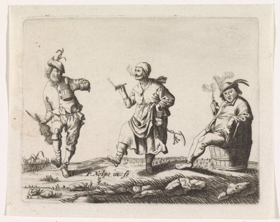 Dans eden çiftçi ve çiftçinin karısı ve varil üzerinde bir adam by Pieter Nolpe