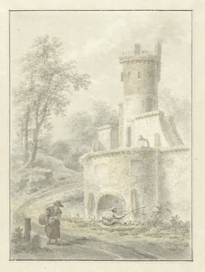 Fener ve bir kale kulesinin yanında yürüyen kadın ile manzara by Pieter Pietersz. Barbiers
