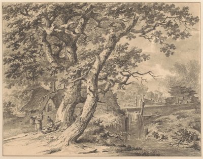 İki büyük ağacın altında bir şelale ile manzara by Pieter Pietersz. Barbiers