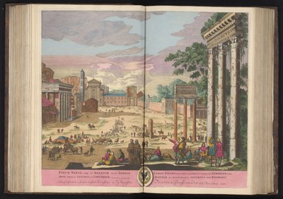 Forum Romanum te Roma Nerva, İmp ve Boarium Forumu, içinde Jüpiter Stator, Satürn ve Concordia tapınakları (nesne üzerindeki başlık) by Pieter Schenk (I)