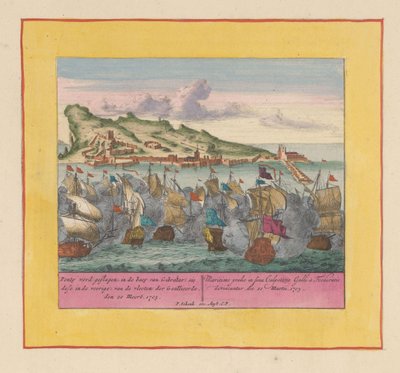 Cebelitarık Deniz Muharebesi, 1705 Ponty, Müttefik donanmalarının Cebelitarık Körfezi'nde (sie dese in the voorige) vuruldu, den 20 Meert, 1705 (nesne üzerindeki başlık) Savaş Tiyatrosu, Kral II. Charles'ın Başlangıcı. King Karel den'de görüşür by Pieter Schenk (I)