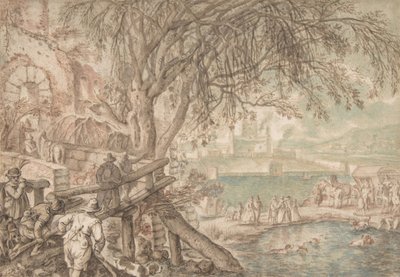 Avcılar ve Ekip, Köpekleri Bir Gölette Ördekleri Yakalarken Gözlemliyor Nisan Ayı, c1610-20. by Pieter Stevens