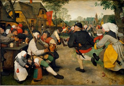 Köylü Dansı Bir adam, bir alkolikle birlikte gayda çalıyor. Arkalarında bayraklı bir genelev var ve köylüler dans edip eğleniyor. Yaşlı (veya Pierre Breugel veya Peter Brueghel veya Breughel) denilen Pieter Bruegel