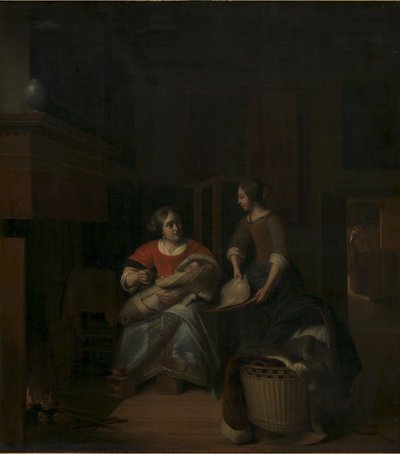 hizmetçisine talimat veren bir ev hanımı by Pieter de Hooch