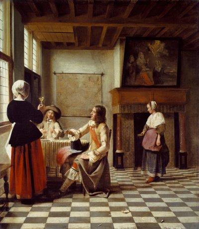 İki Erkekle İçen Bir Kadın ve Bir Hizmetçi ile Bir İç Mekan by Pieter de Hooch