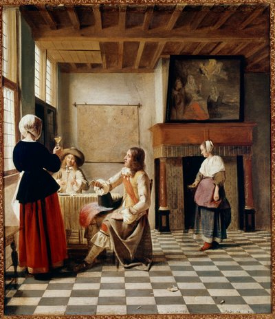 Hollandalı Interieur. Bir kadın, uygun iki erkekle içki içer (tuval üzerine yağlı boya, yaklaşık 1658) by Pieter de Hooch