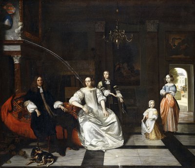 Jacott-Hoppesack Ailesinin Görkemli Bir Klasik İç Mekanda Bir Tazı, Ötedeki Bir Kapıdan Parkta Yürüyen Bir Hanımefendi ve Beyefendi ile Grup Portresi, by Pieter de Hooch