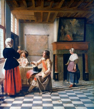İç Mekan, İki Erkekle İçen Kadın ve Bir Hizmetçi, c1658 by Pieter de Hooch