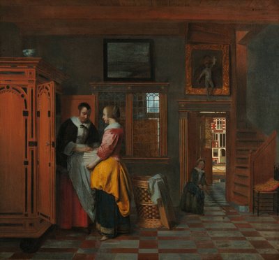 Bir Keten Dolabın Yanında Kadınlarla İç Mekan by Pieter de Hooch