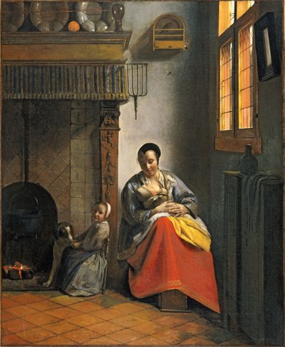 Bebeğini emziren kadın, yanında bir çocuk ve bir köpek by Pieter de Hooch
