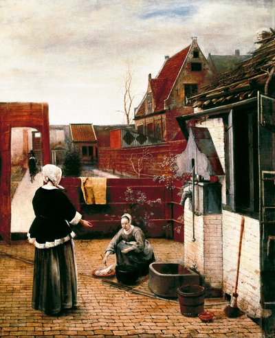 kadın ve hizmetçisi bir mahkemede by Pieter de Hooch