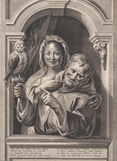 Bir Baykuşlu Bir Aptal ve Pencerede Bir Kadın, 17. yüzyıl. by Pieter de Jode II