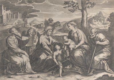 Sağda Kutsal Aile, bebek Aziz Vaftizci Yahya ile birlikte, Elizabeth, Zacharias,..., 1631-37. by Pieter de Jode II
