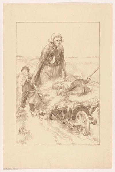 Çiftçi saman ve iki çocukla bir el arabası itiyor by Pieter de Josselin