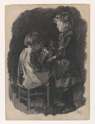 Küçük bir kız kardeşine sürahiden süt içiriyor. by Pieter de Josselin