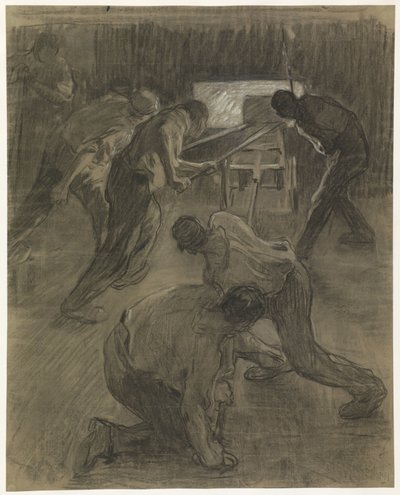 Yüksek fırınlarda çalışan altı işçi by Pieter de Josselin