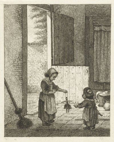 Bir bebekle oynayan iki kız by Pieter de Mare