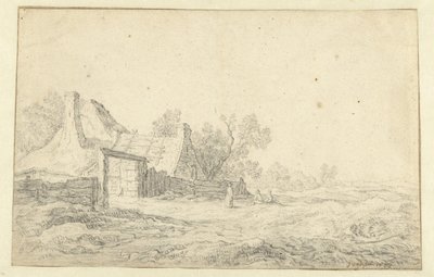 Bir çiftliğin önünde üç figürlü kumul manzarası by Pieter de Neyn