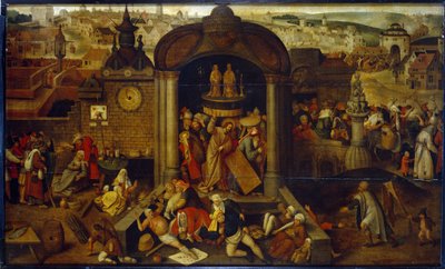 Mesih Tüccarları Tapınaktan Sürerken. (Mesih Tefeciyi Tapınaktan Sürerken). Şehrin panoramasının önünde arka planda İsa'nın Tutkusu'ndan sahneler. Hieronymus (Jerome) Bos'tan etkilenen Hollandalı bir sanatçının resmi by Pieter Bruegel the Elder