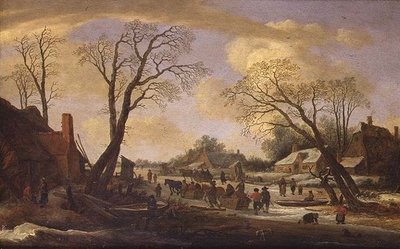 Köylüler ve Atlı Kızaklarla Bir Kış Nehir Manzarası by Pieter the Elder Molyn
