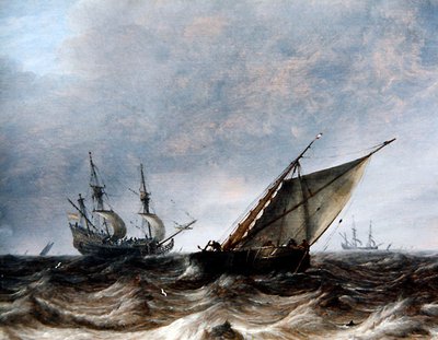Dalgalı Denizlerde Bir Smalschip ve Bir Savaş Adamı (panelde yağ) by Pieter the Elder Mulier