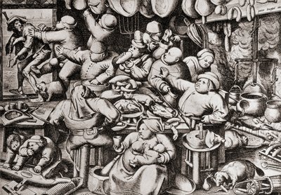 16. yüzyılda zengin bir adamın mutfağından atılan dilenci (gravür) by Pieter the Younger Brueghel