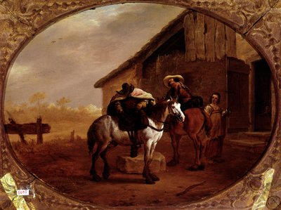 Otelden hareket Bir handa mola verdikten sonra iki atlı atlarına biner. Pieter Van Laer dit Bamboccio (BAmboche ou Bamboots) (1592/5-1642) (ec.holl.) tarafından yapılan tablo 17. yüzyıl Güneş. 32x43 cm Paris, musee du Louvre - Inn