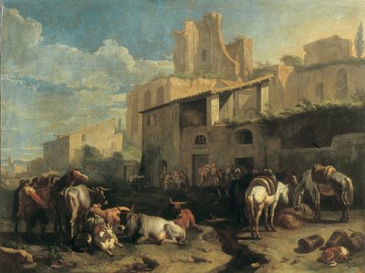 Gezginler ve çeşitli hayvanlar, arka planda Roma kalıntıları olan bir meyhanenin önünde durur by Pieter van Bloemen