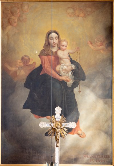 İçten görünüm, "Tespihli Çocuklu Leydimiz" tablosu, Pierre Van Hanselaere'nin ana sunaktaki sunak panosu by Pieter van Hanselaere