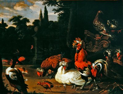 Bahçe ortamında horoz, tavuk, civciv ve ördekler (tuval üzerine yağlı boya) by Pieter van Mase