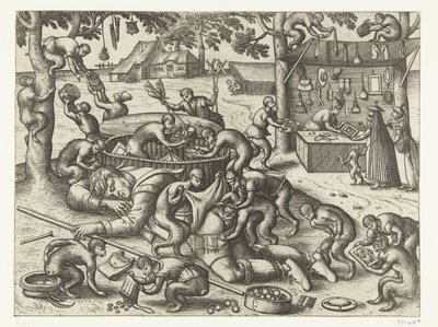 Uyuyan seyyar satıcı maymunlar tarafından soyuldu Maymun oyunu (dizi adı) by Pieter van der Borcht (I)
